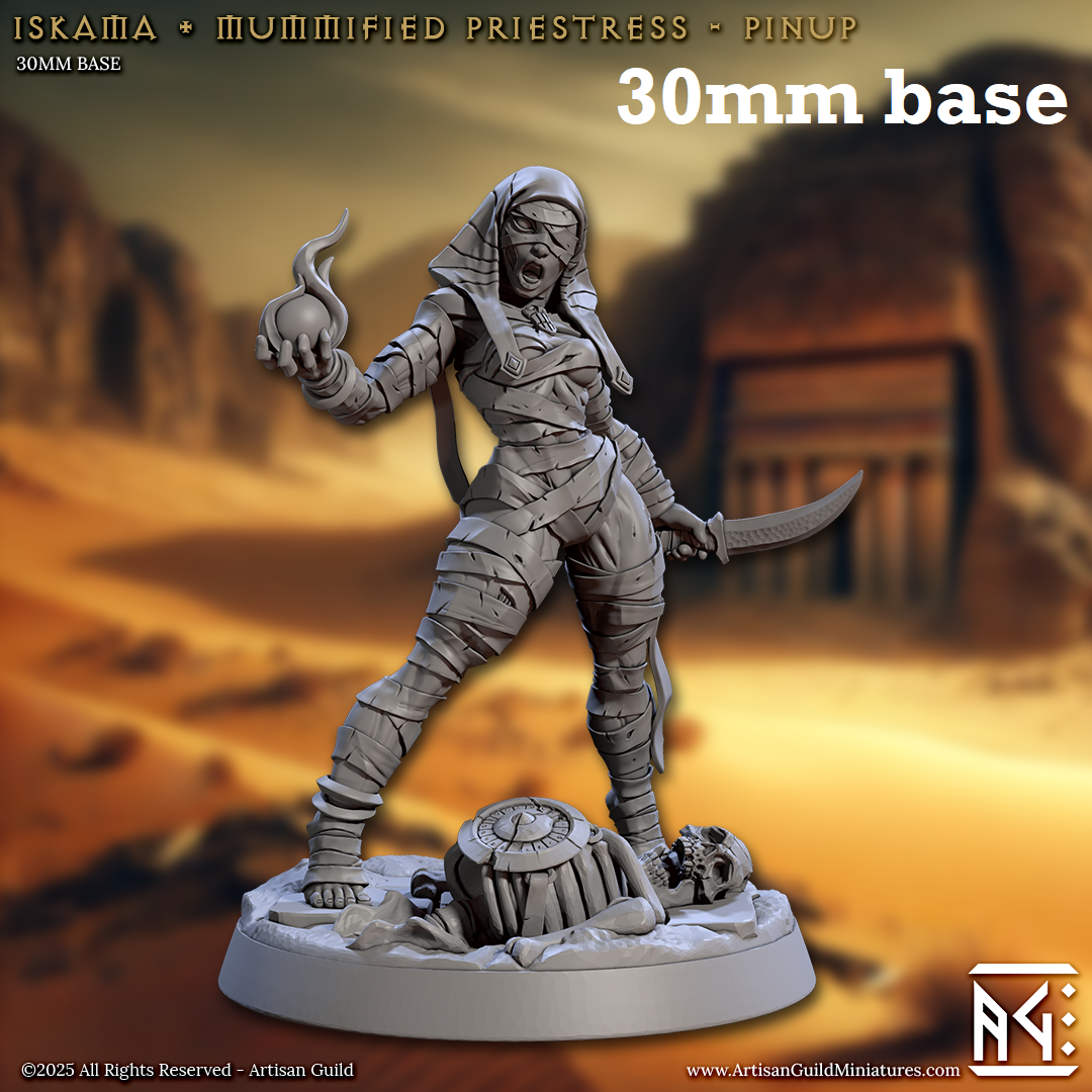Image shows a 3D render of a mummy priestess gaming miniature.