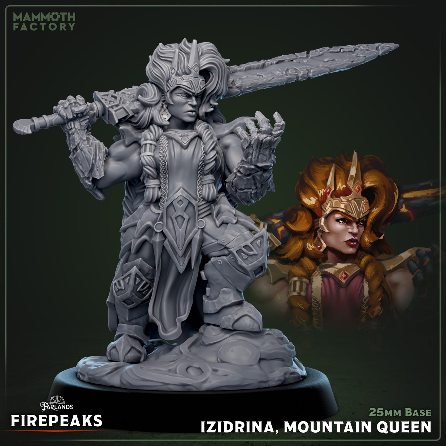 Image shows a 3D render of a dwarf warrior queen gaming miniature.