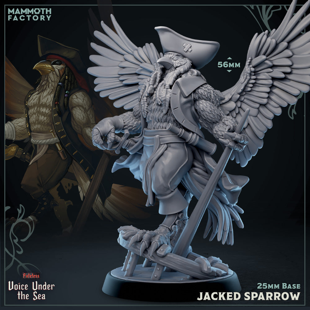 Image shows a 3D render of a birdfolk pirate gaming miniature.