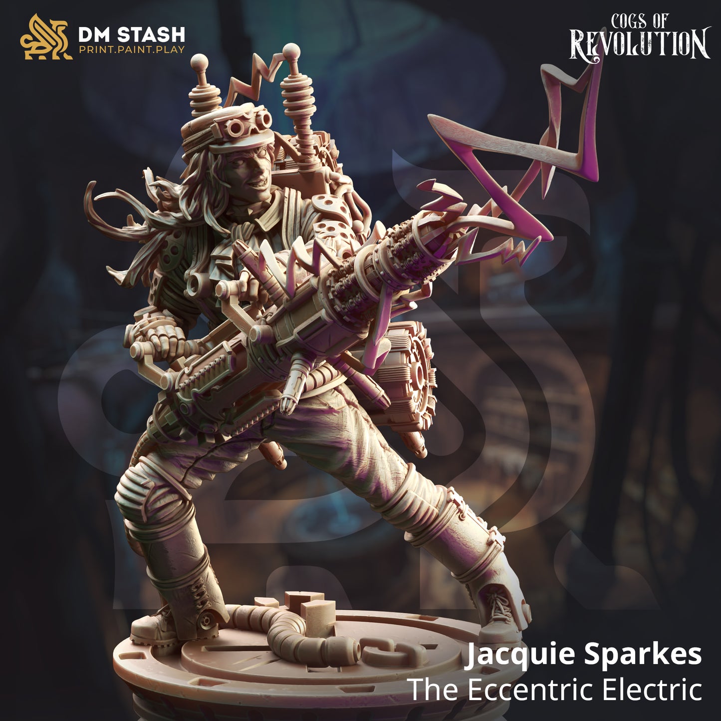 Image shows a 3D render of a steampunk human artificer gaming miniature.