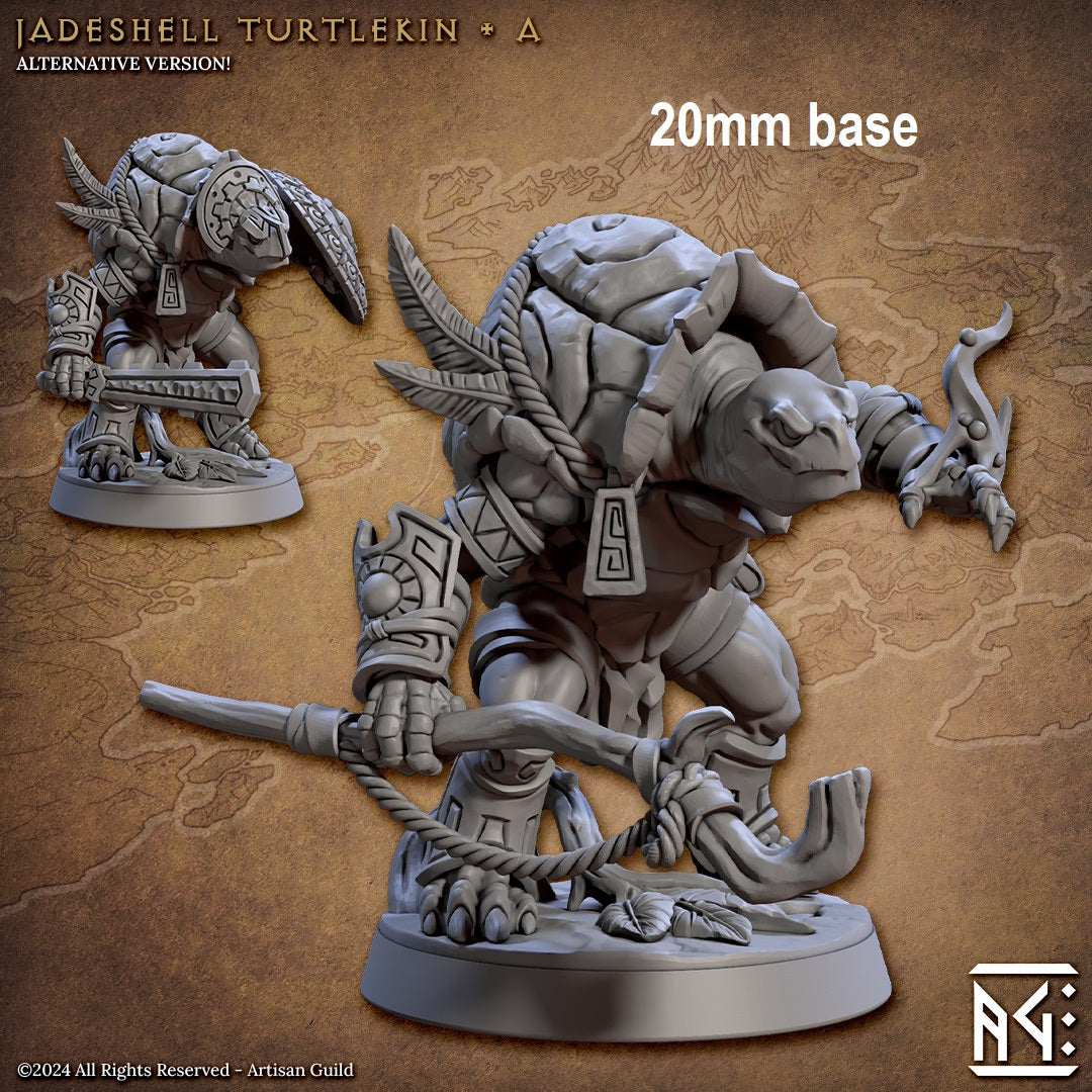 Image shows an 3D render of two options for a warrior turtle gaming miniatures, one holding a staff and one holding a sword & shield wearing a hat