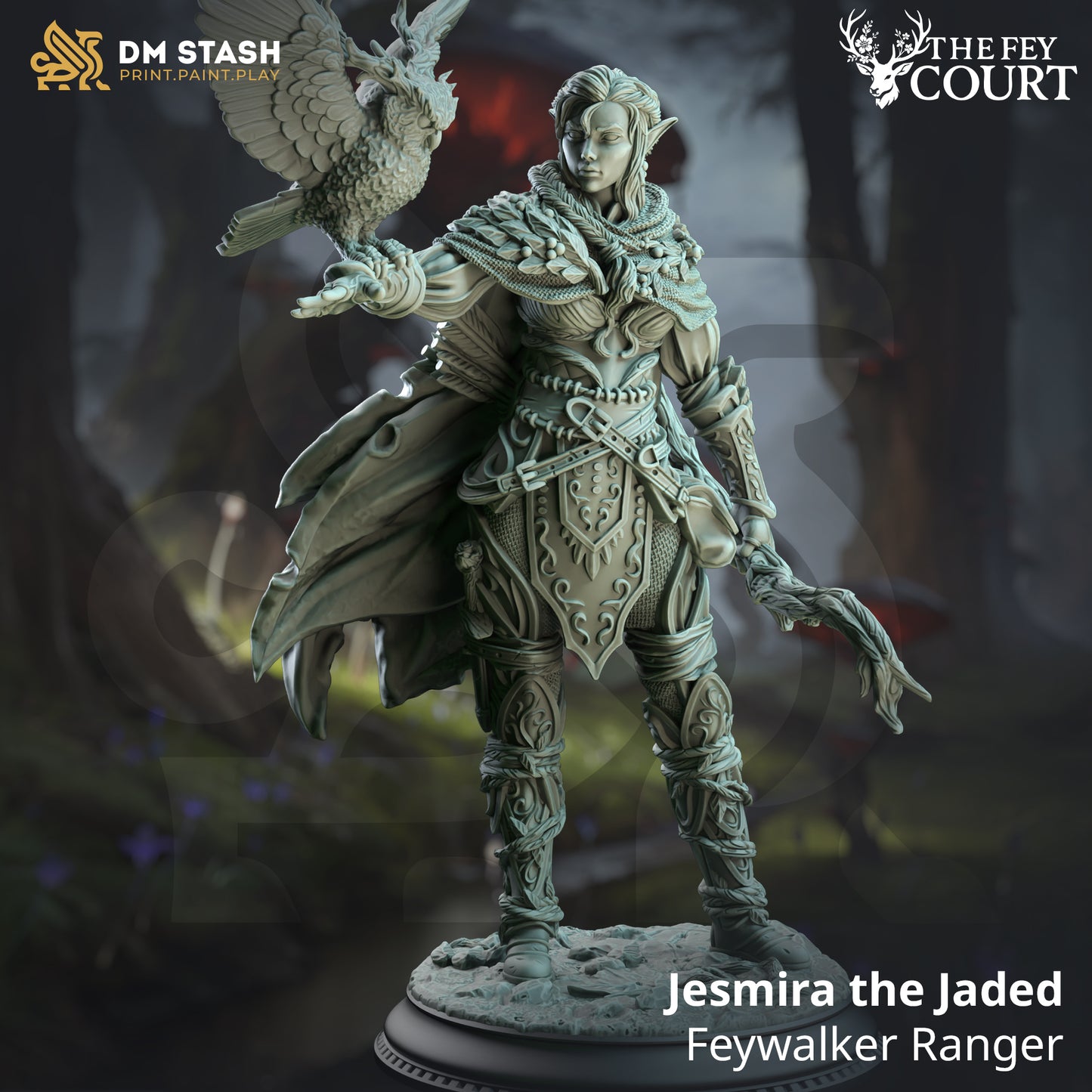 Image shows a 3D render of a elf ranger gaming miniature with an owl on her arm