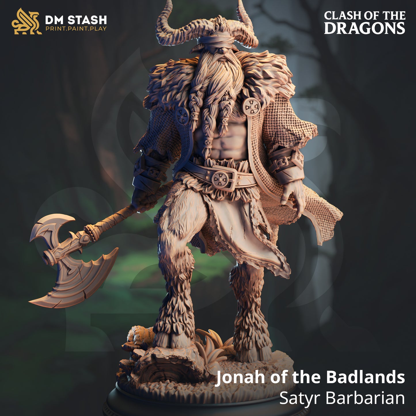 Image shows a 3D render of a blind satyr barbarian gaming miniature.