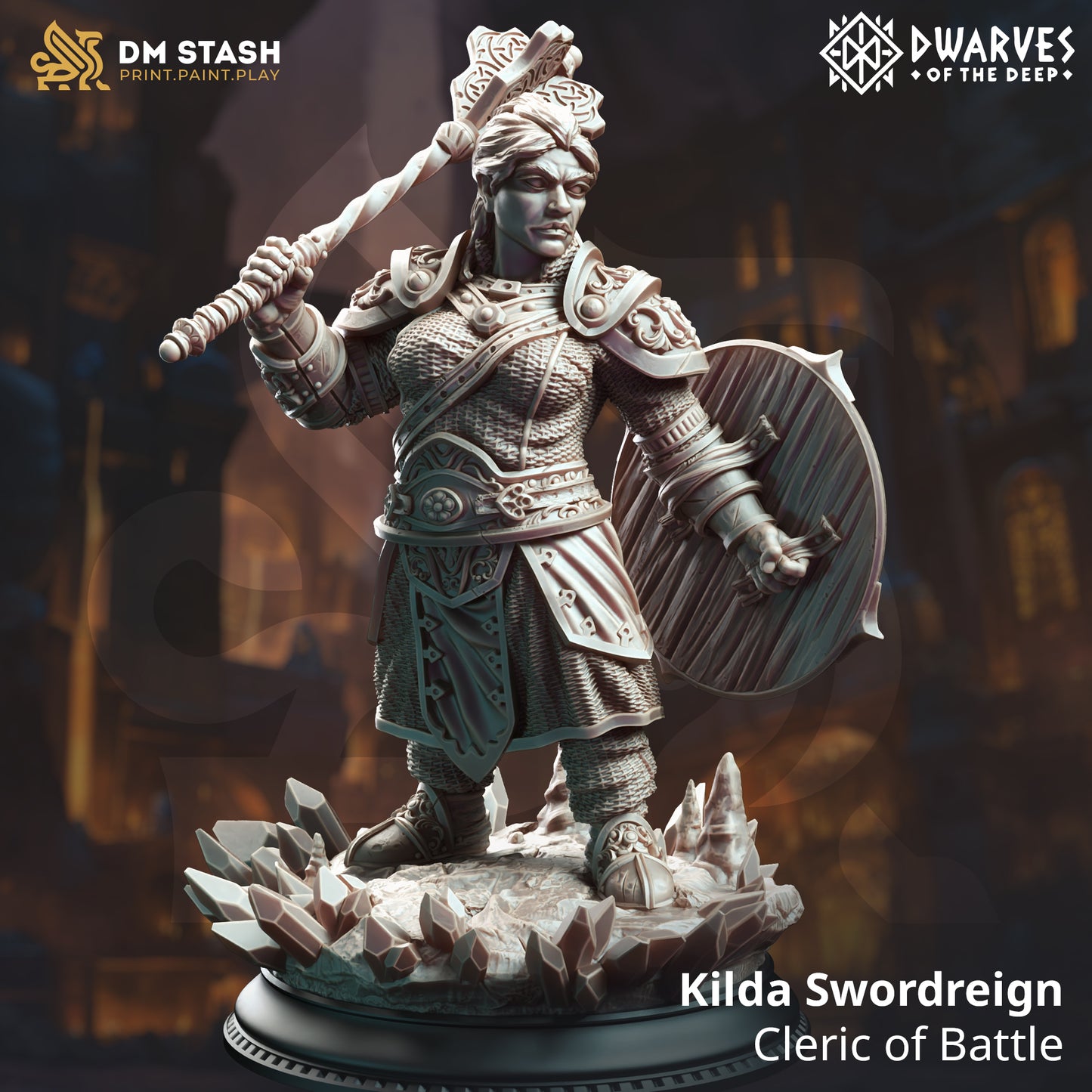 Image shows a 3D render of a dwarf battlecleric gaming miniature