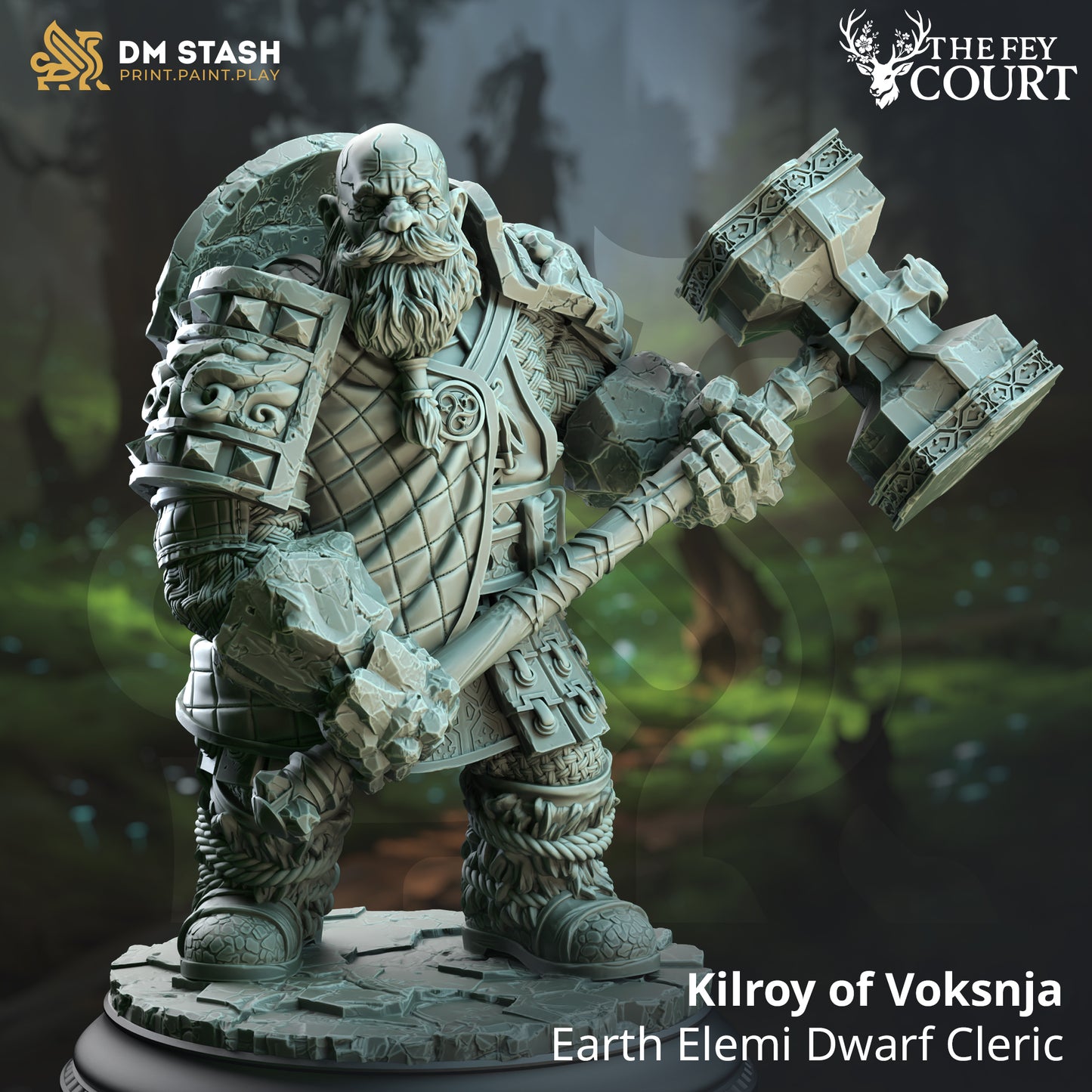 Image shows a 3D render of a stone elemental dwarf cleric gaming miniature.