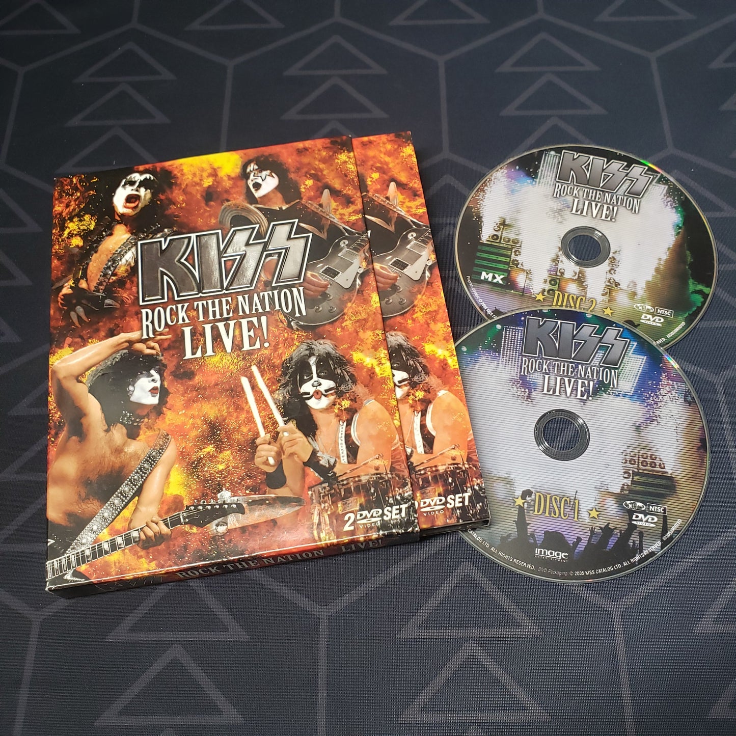 Image shows the case, outer box & two discs of KISS: Rock the Nation - Live! on DVD