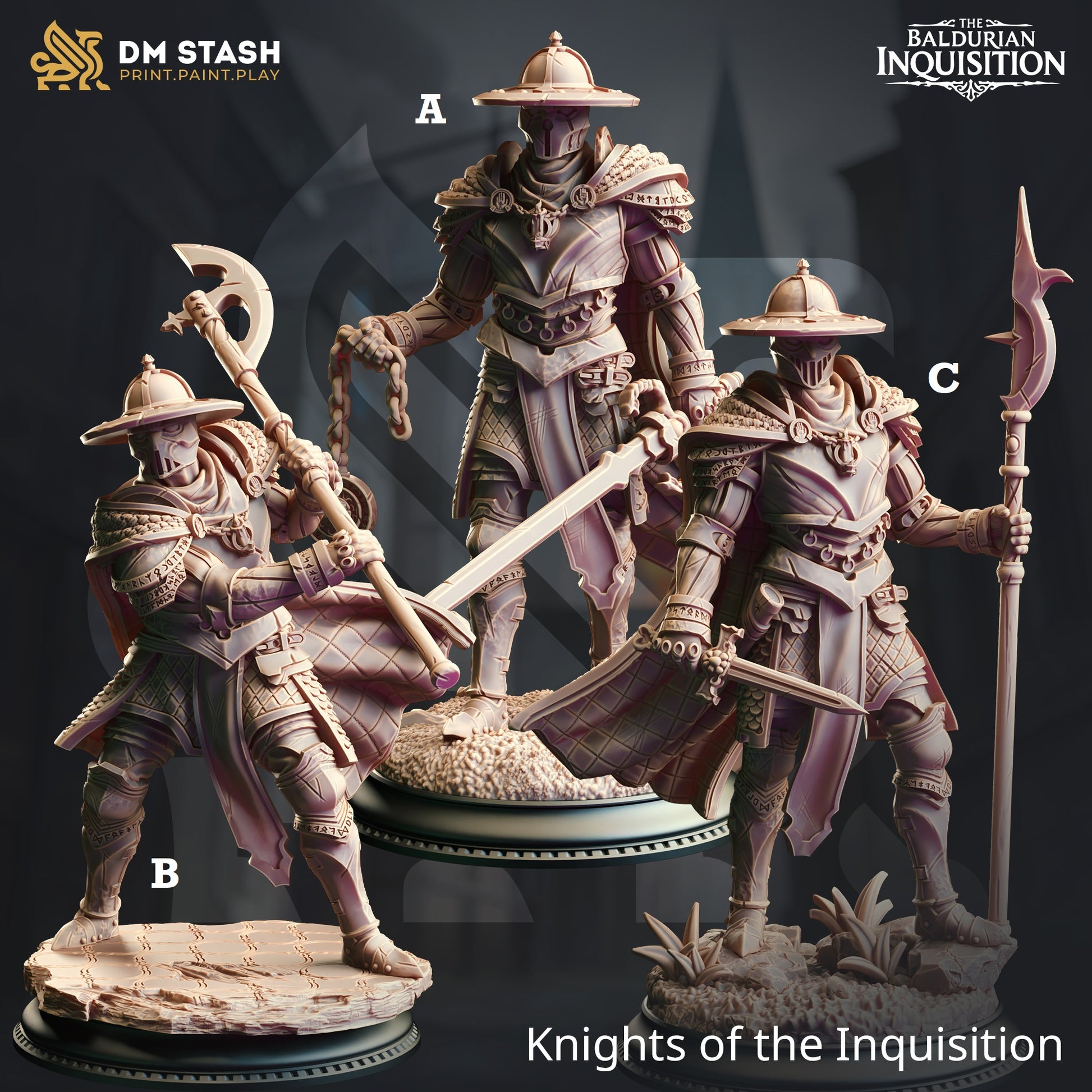 Image shows 3D renders for three different sculpt options of a human inquisitor knight gaming miniature.