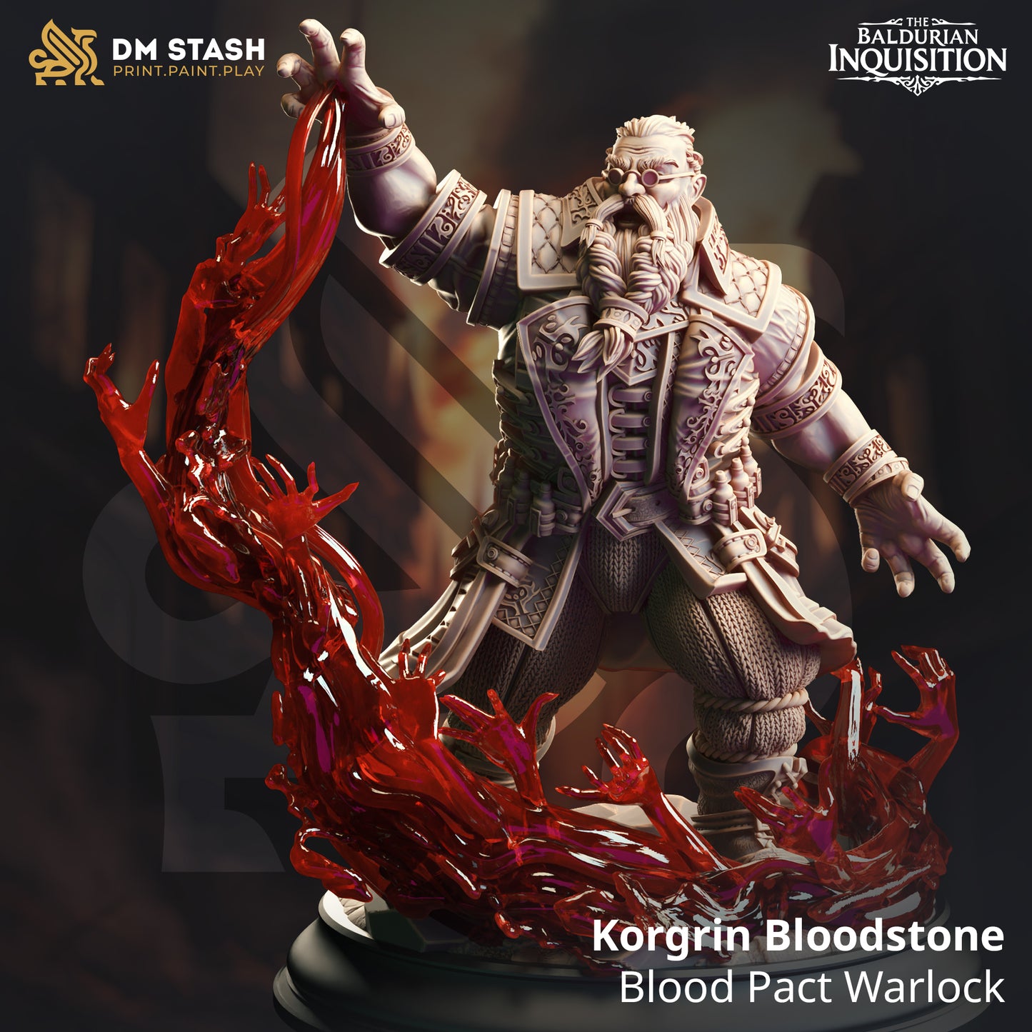 Image shows a 3D render of a dwarf warlock gaming miniature.