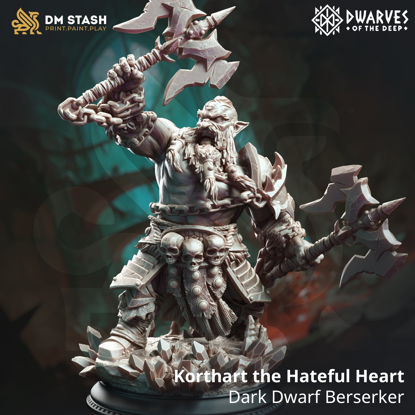 Image shows a 3D render of a dwarf berserker gaming miniature