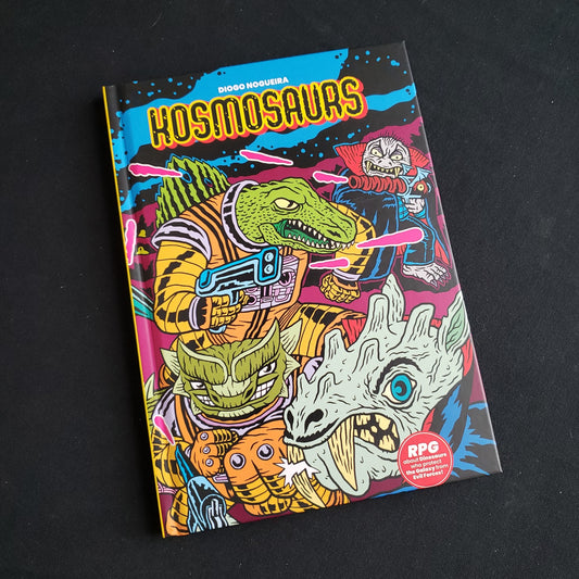 Image shows the front cover of the Kosmosaurs roleplaying game book