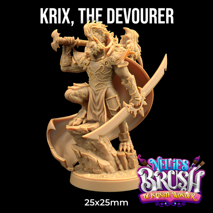 Image shows a 3D render of a wolf warrior gaming miniature holding a blade and a dragonhead hammer
