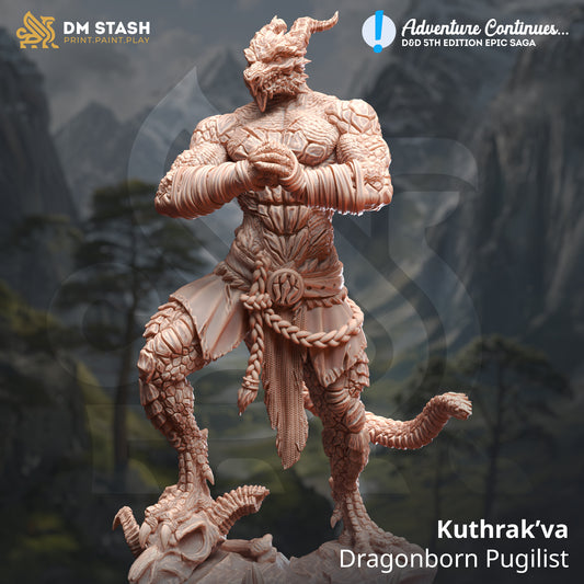 Image shows a 3D render of a dragonborn fighter gaming miniature in a pugilist stance