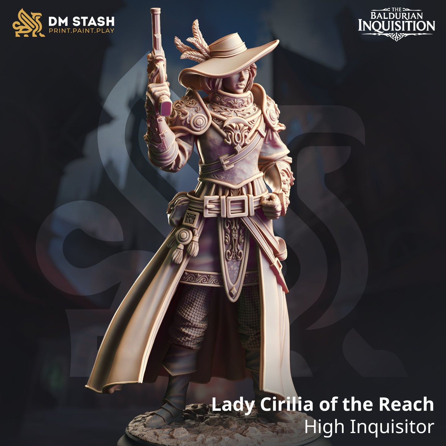 Image shows a 3D render of a steampunk human gunslinger gaming miniature.