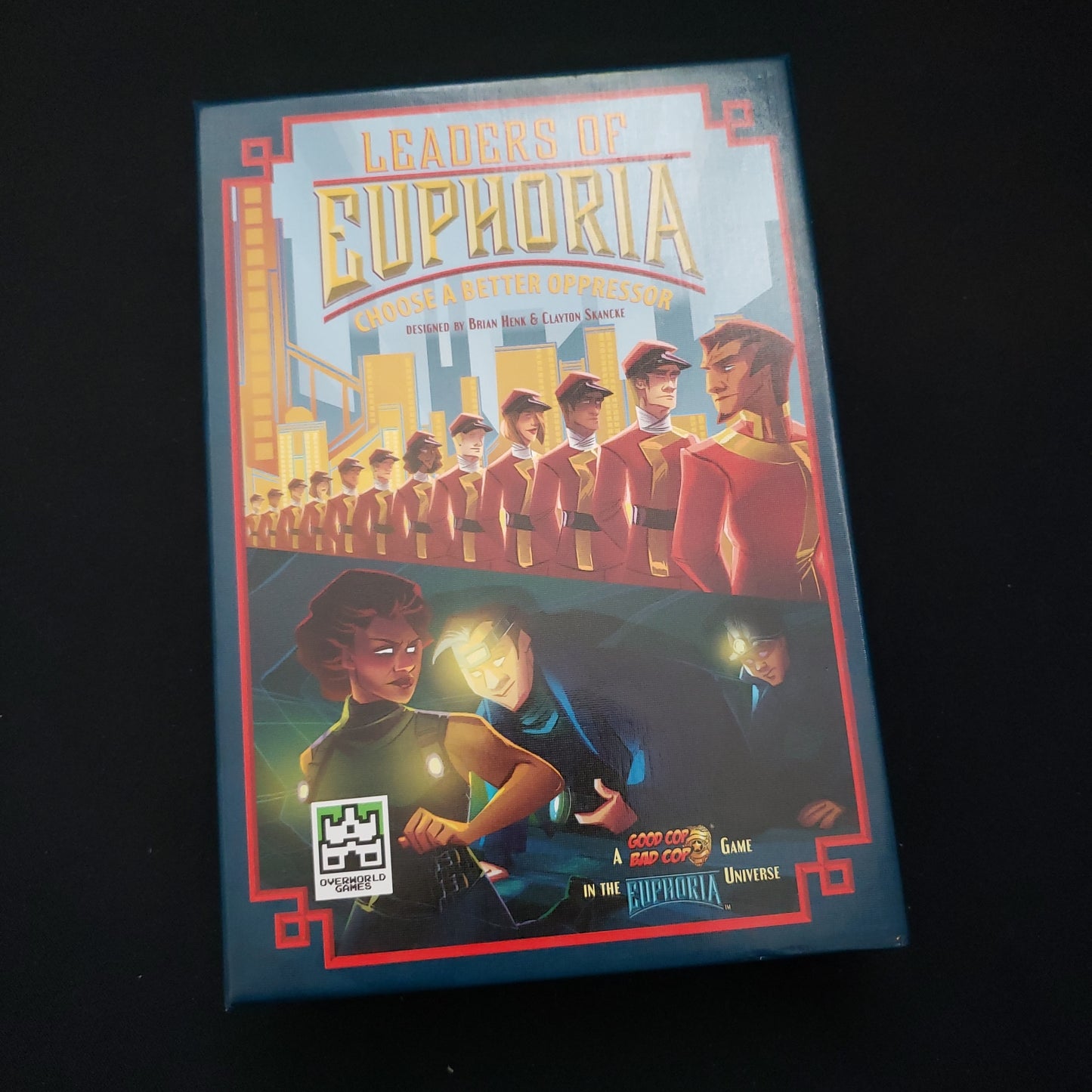 Image shows the front cover of the box of the Leaders of Euphoria board game