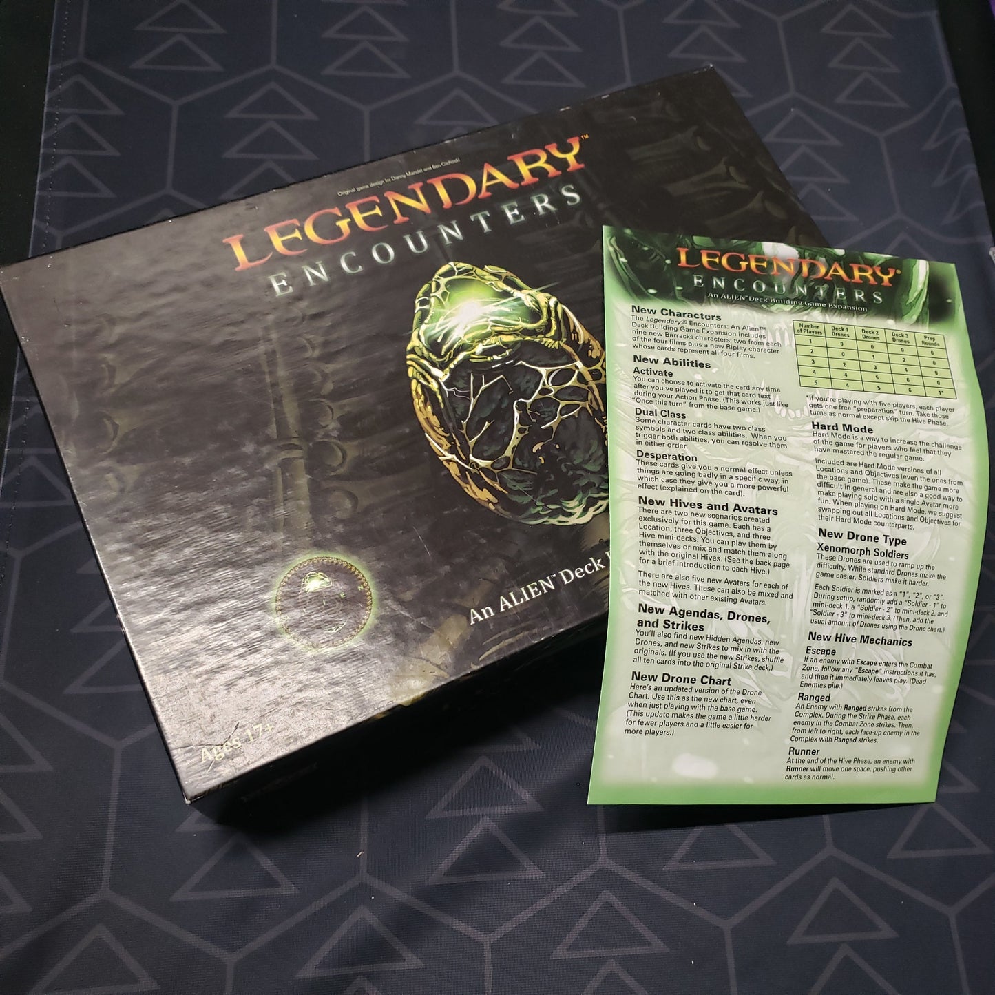 Image shows the front cover of the box of the Legendary Encounters: Alien board game, with the instructions for the expansion sitting on top of it.