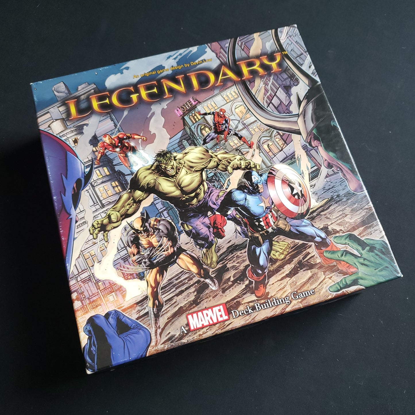 Image shows the front cover of the box of the Legendary Marvel board game
