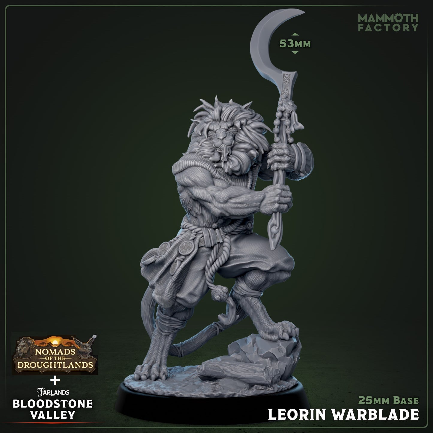 Image shows a 3D render of a leonin barbarian gaming miniature.
