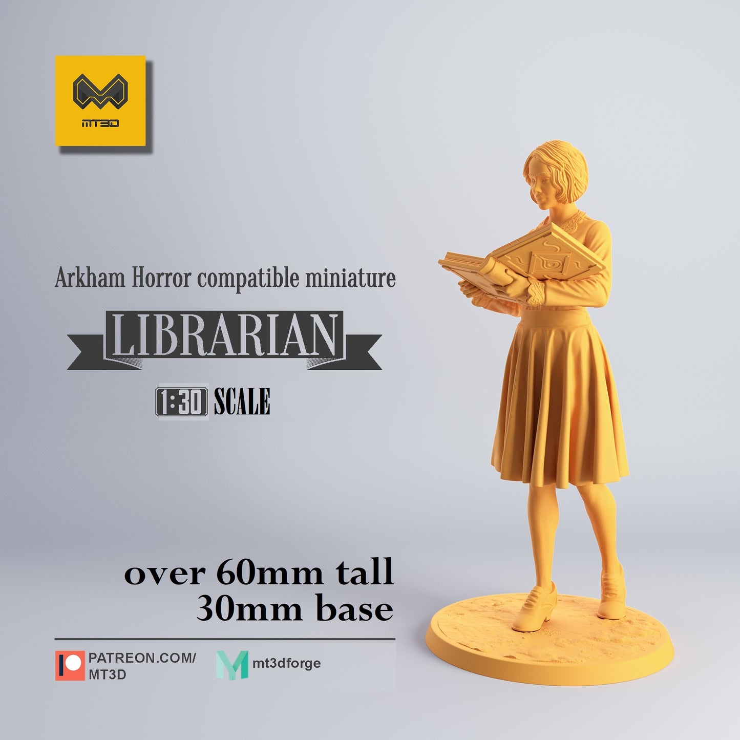 Image shows a 3D render of a 1920s-era librarian gaming miniature.