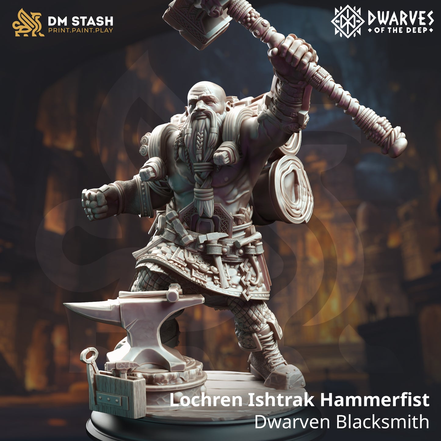 Image shows a 3D render of a dwarf blacksmith gaming miniature