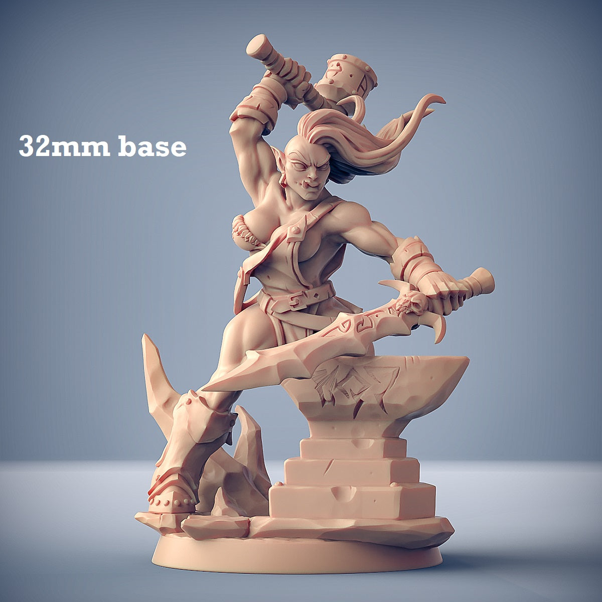 Image shows a 3D render of an orc blacksmith gaming miniature