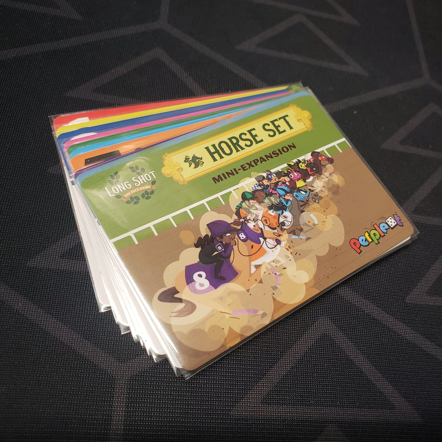 Image shows the fanned-out cards of the Horse Set 6 (Jockey) Mini expansion for the board game Long Shot: The Dice Game