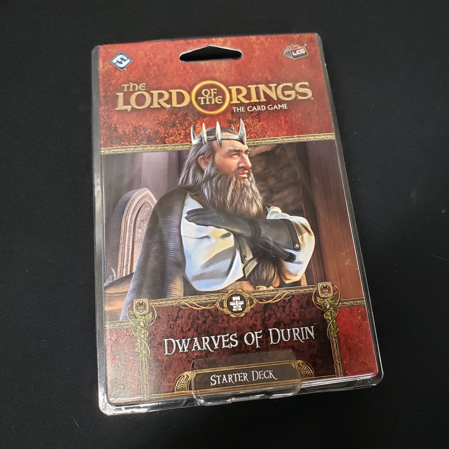 Image shows the front cover of the package of the Dwarves of Durin Starter Deck from the Lord of the Rings Card Game