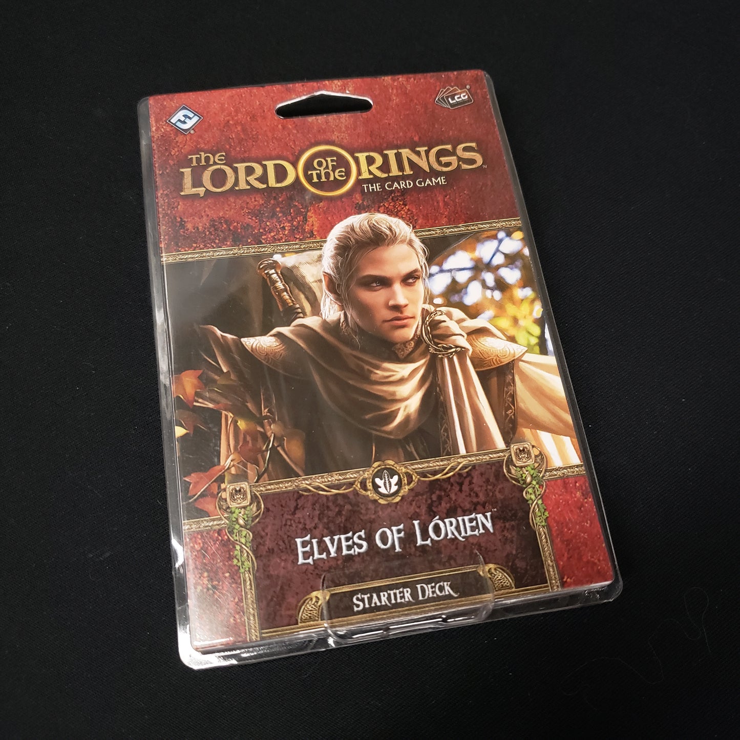 Image shows the front cover of the package of the Elves of Lorien Starter Deck from the Lord of the Rings Card Game