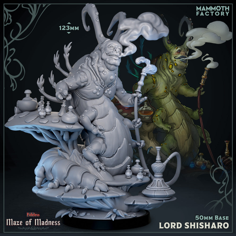 Image shows a 3D render of a giant caterpillar gaming miniature smoking a hookah on a mushroom