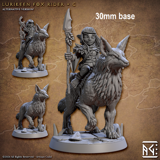 Image shows 3D renders for two options for a gaming miniature featuring a woodland gnome riding a fox, one with a staff wearing a leaf hat, and one with a spear