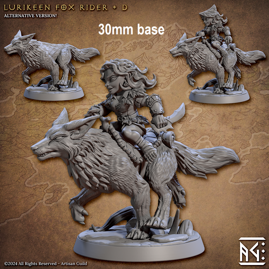 Image shows 3D renders for two options for a gaming miniature featuring a woodland gnome riding a fox, one with a sling & stone wearing a leaf hat, and one with two sets of spiked knuckles