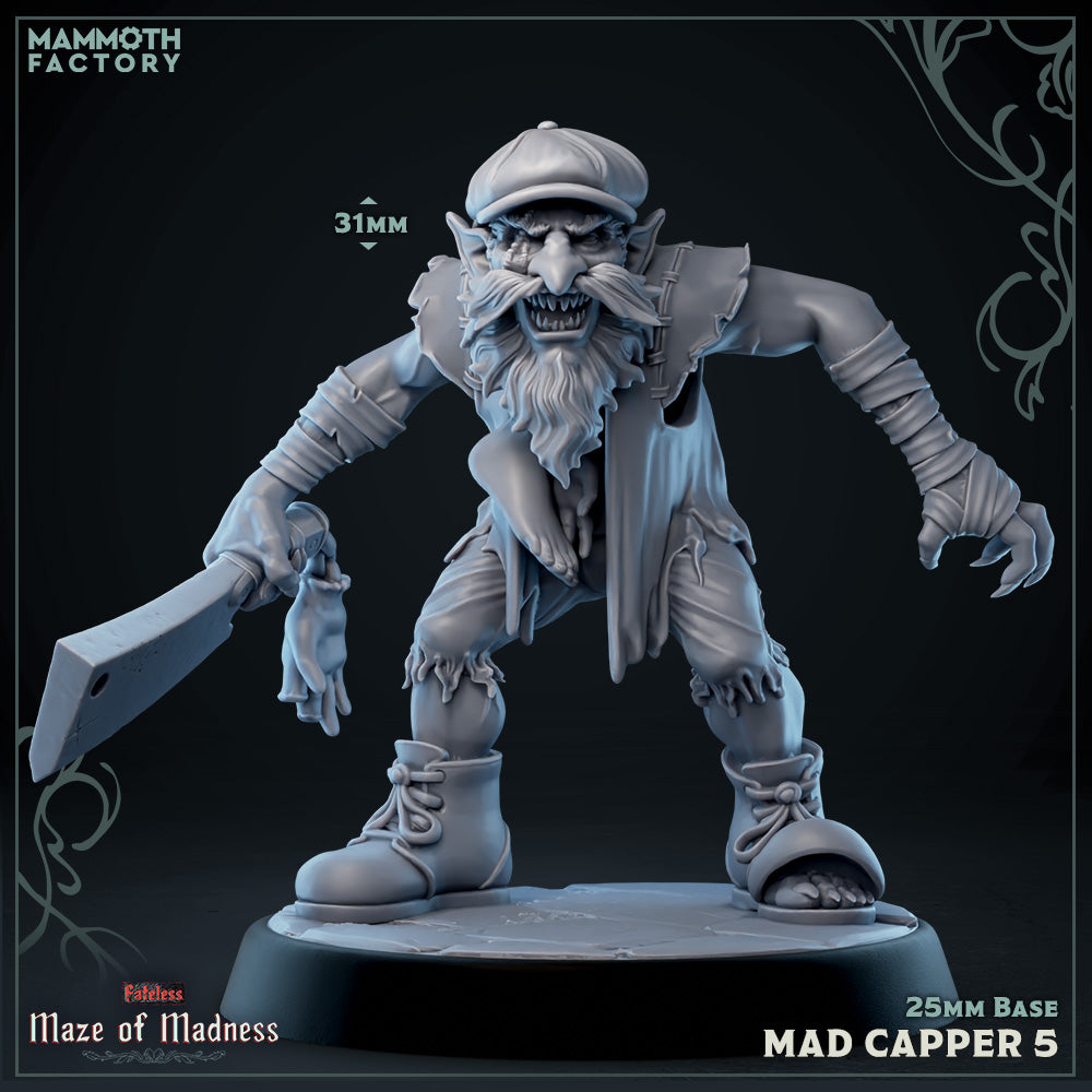 Image shows a 3D render of a creepy smiling gnome gaming miniature with a meat cleaver