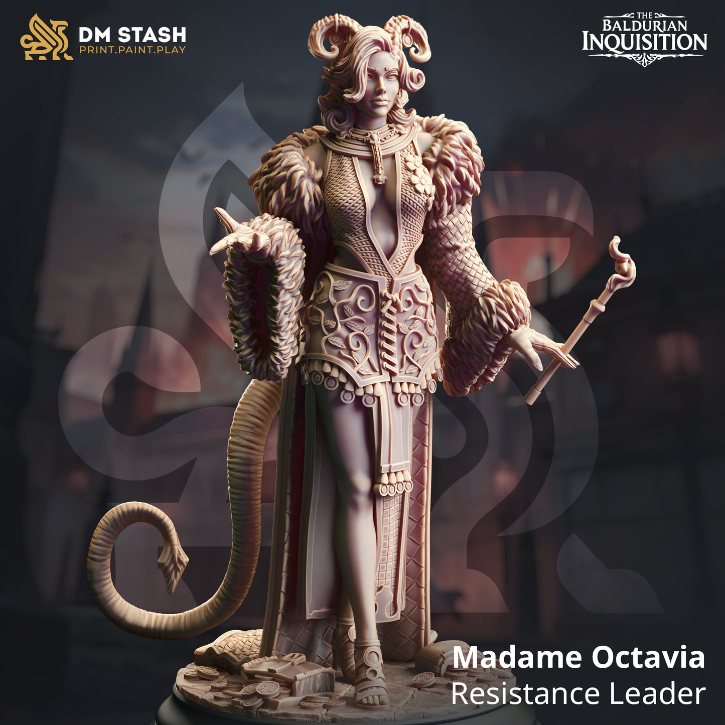 Image shows a 3D render of a tiefling warlock gaming miniature.