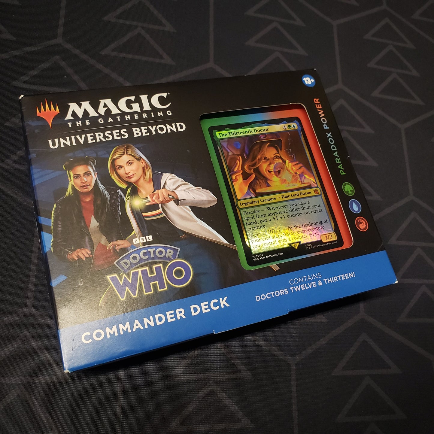 Image shows the front of the box for the Universes Beyond: Doctor Who - Paradox Power Commander Deck for the card game Magic: The Gathering