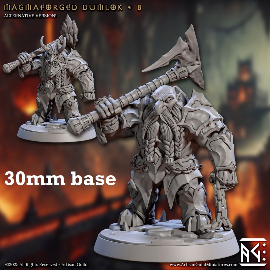 Image shows 3D renders of two sculpt options for a fire dwarf warrior gaming miniature.