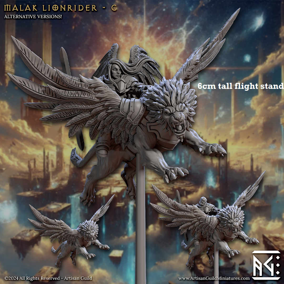 Image shows 3D renders of multiple sculpt options for a gaming miniature of an angel paladin riding a winged lion