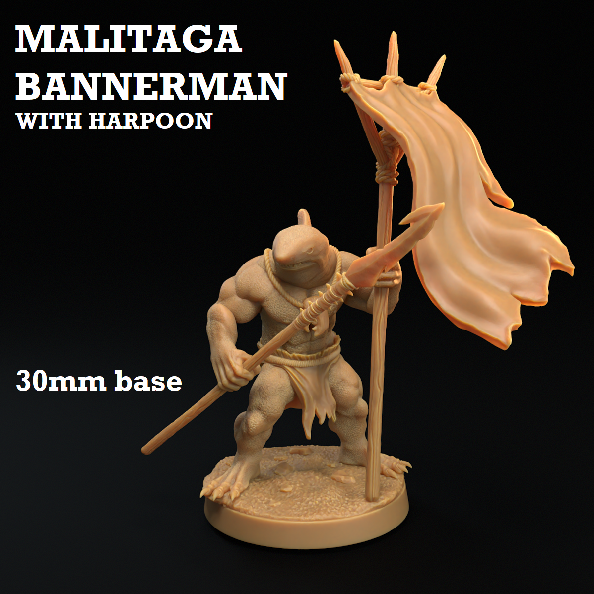Image shows a 3D render of a sharkfolk warrior gaming miniature holding a flag & harpoon