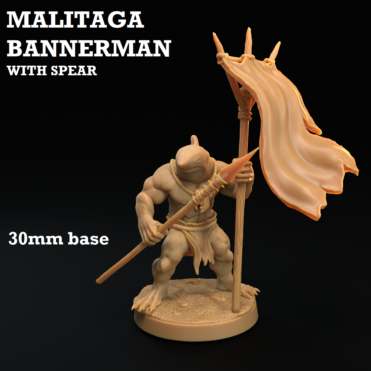 Image shows a 3D render of a sharkfolk warrior gaming miniature holding a flag & spear