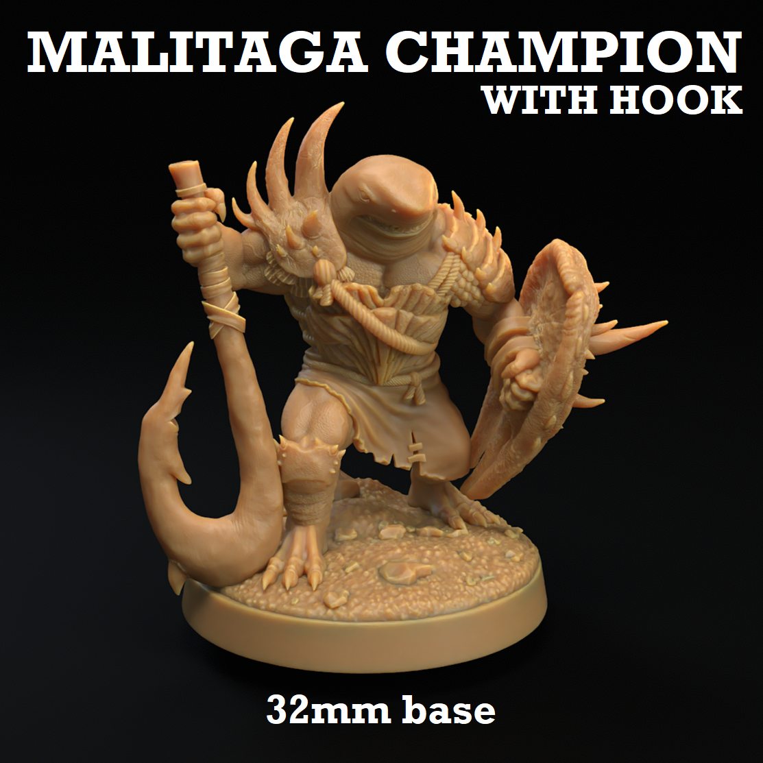 Image shows a 3D render of a sharkfolk warrior gaming miniature.