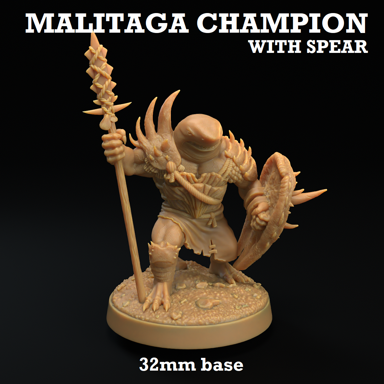 Image shows a 3D render of a sharkfolk warrior gaming miniature.
