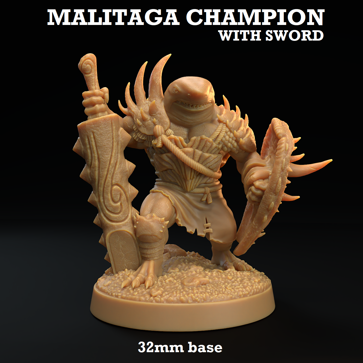 Image shows a 3D render of a sharkfolk warrior gaming miniature.