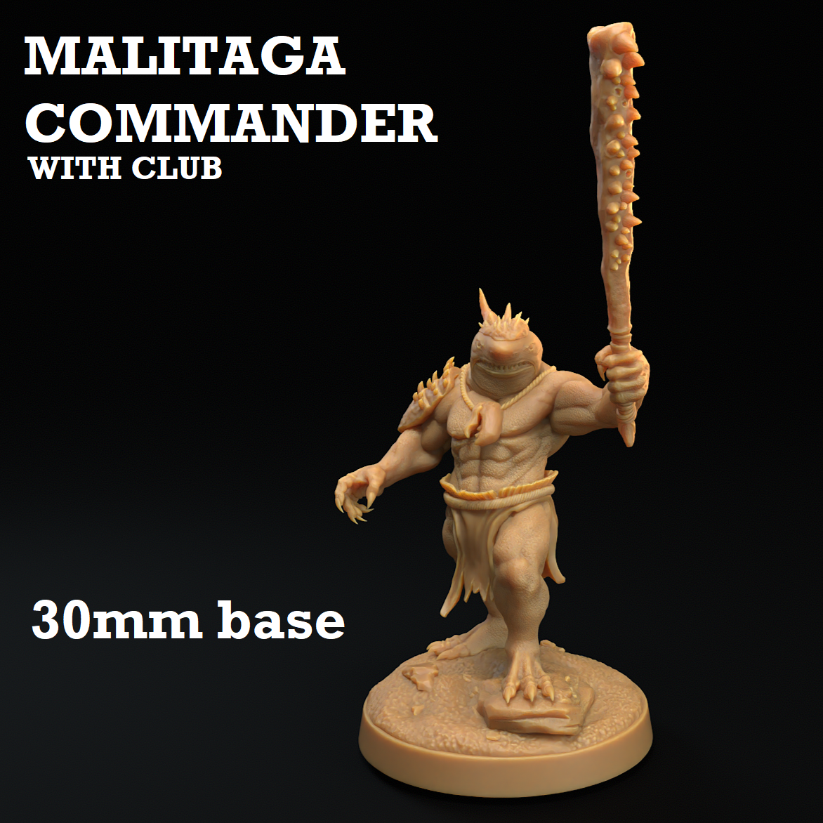 Image shows a 3D render of a sharkfolk warrior gaming miniature with a club
