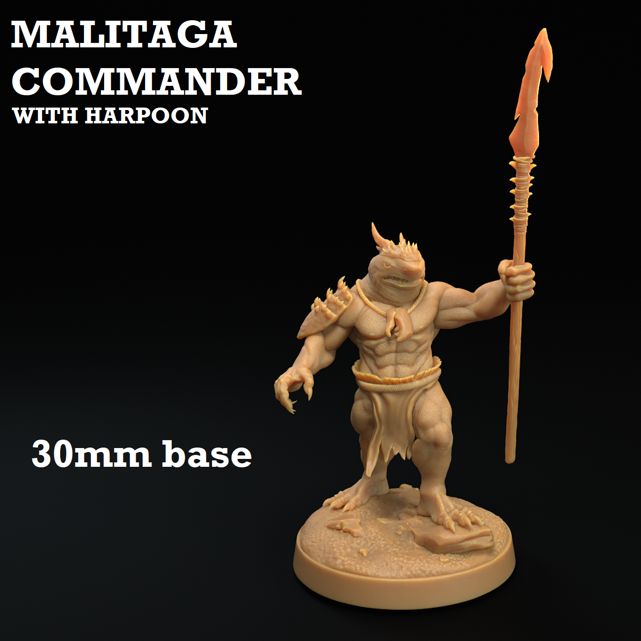 Image shows a 3D render of a sharkfolk warrior gaming miniature with a harpoon
