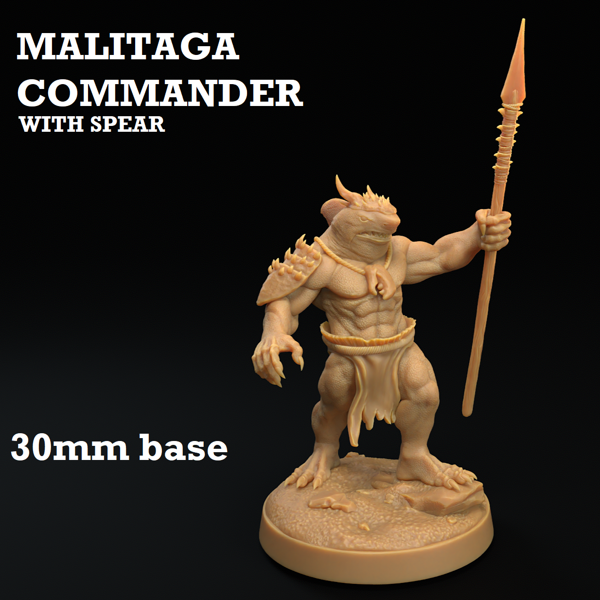 Image shows a 3D render of a sharkfolk warrior gaming miniature with a spear