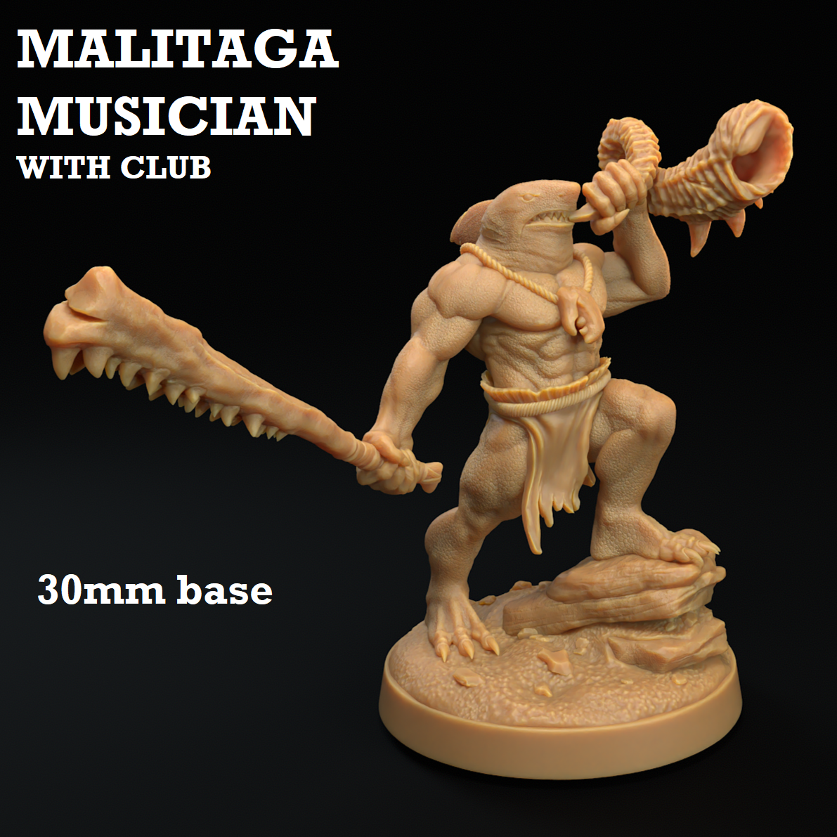 Image shows a 3D render of a sharkfolk musician gaming miniature blowing a shell horn and holding a club