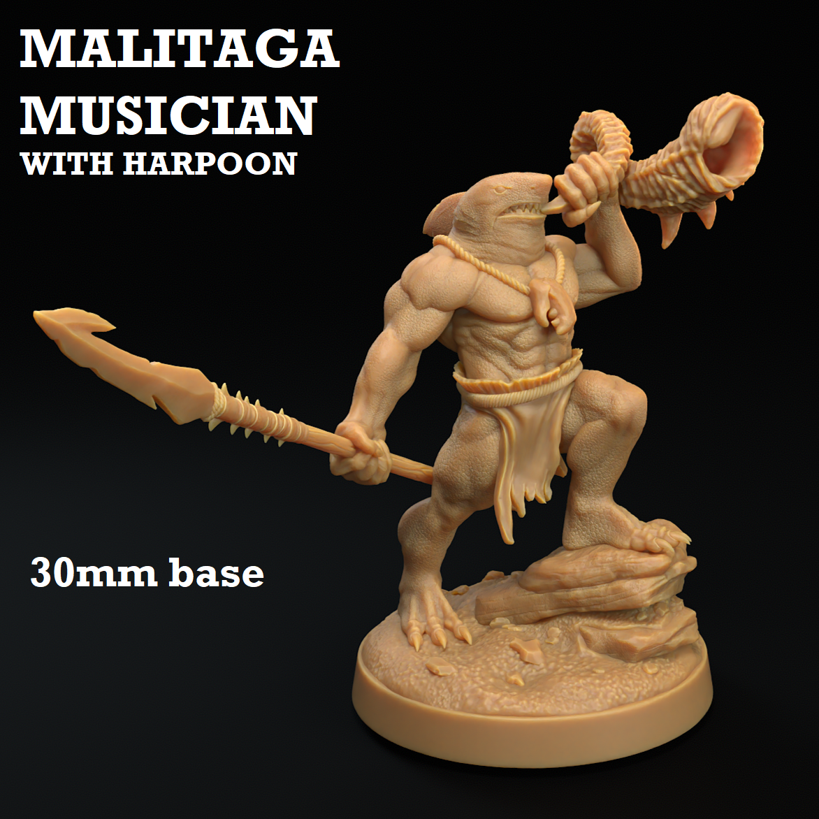Image shows a 3D render of a sharkfolk musician gaming miniature blowing a shell horn and holding a harpoon