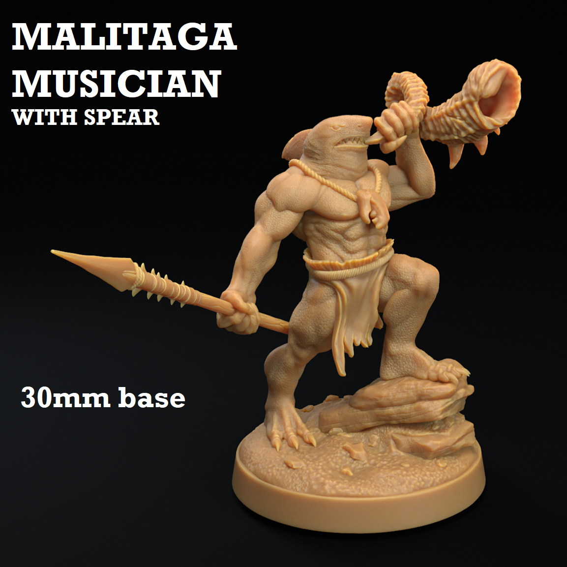 Image shows a 3D render of a sharkfolk musician gaming miniature blowing a shell horn and holding a spear