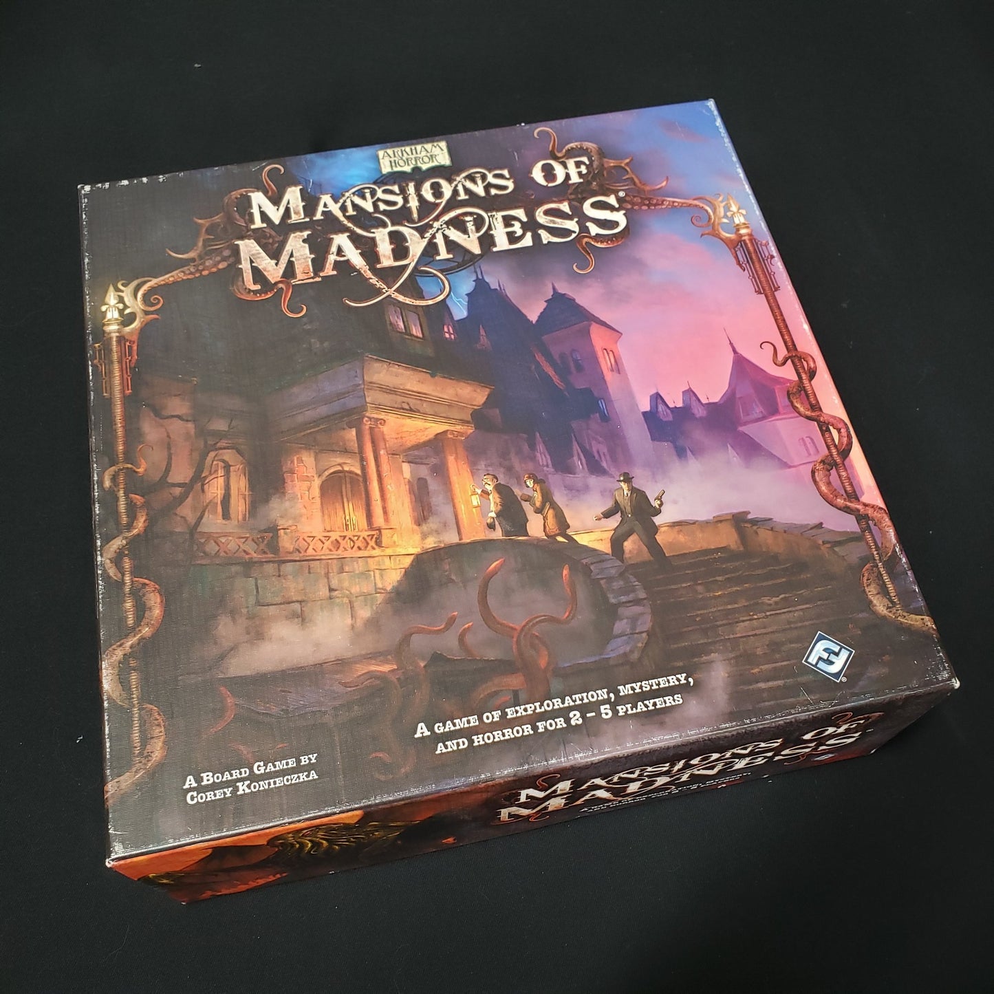 Image shows the front cover of the box of the Mansions of Madness (First Edition) board game