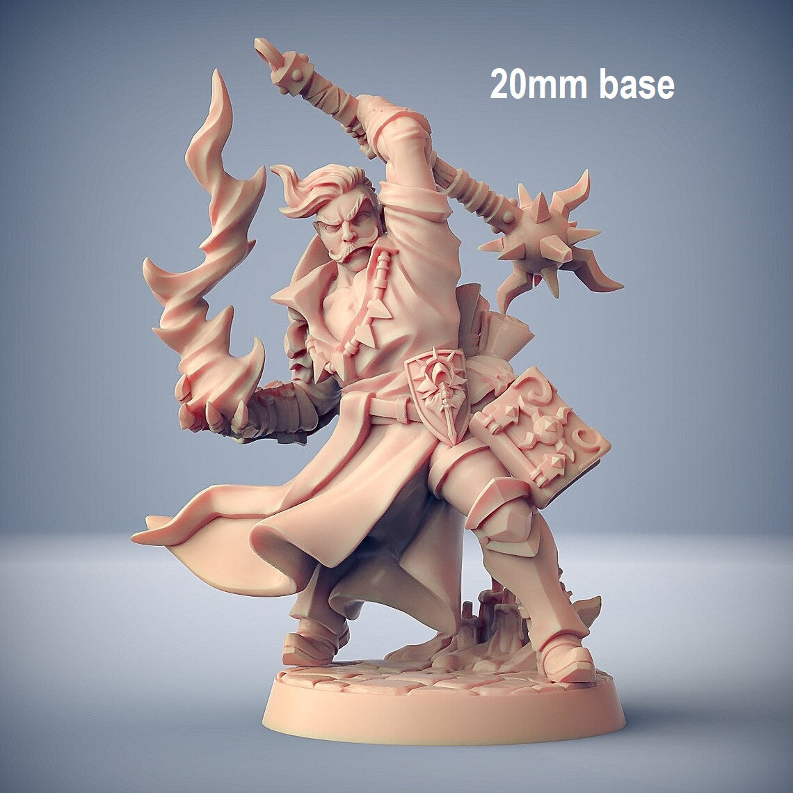 Image shows an 3D render of a human warrior gaming miniature holding a morningstar over his head in one hand with a ball of magic in the other