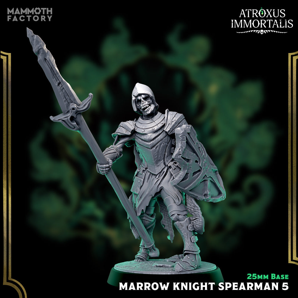 Image shows a 3D render of a skeleton warrior gaming miniature holding a spear