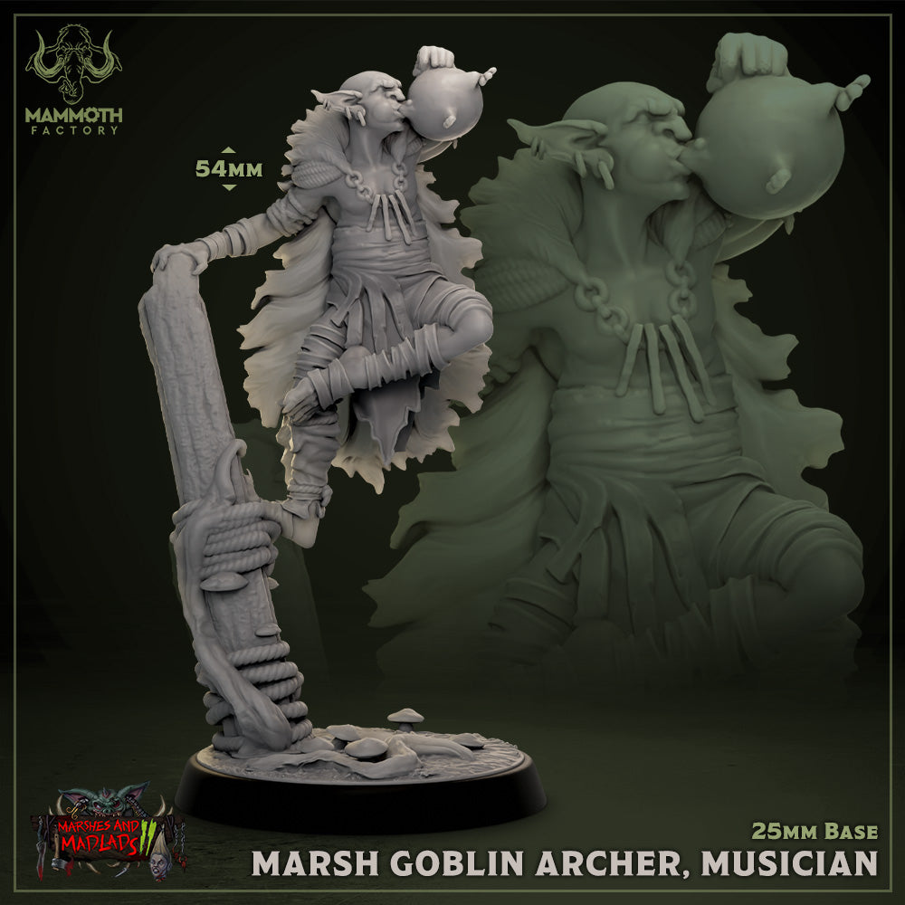 Image shows a 3D render of a goblin musician gaming miniature inflating a toad